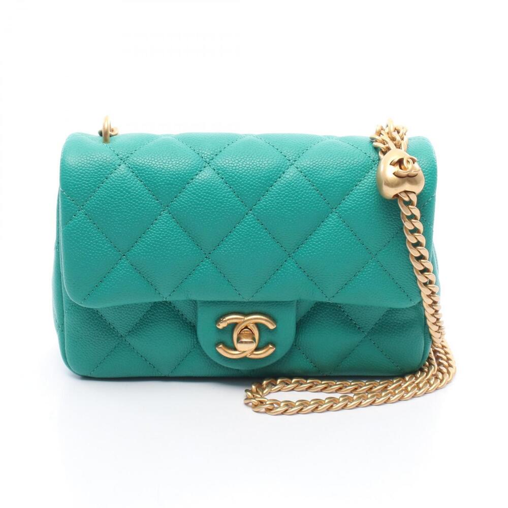 Chanel Matelasse Shoulder Bag Leather Grained Calfskin Green